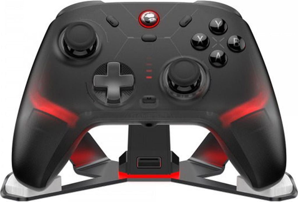 A black gaming controller with red accents is displayed on a black stand with red lighting.