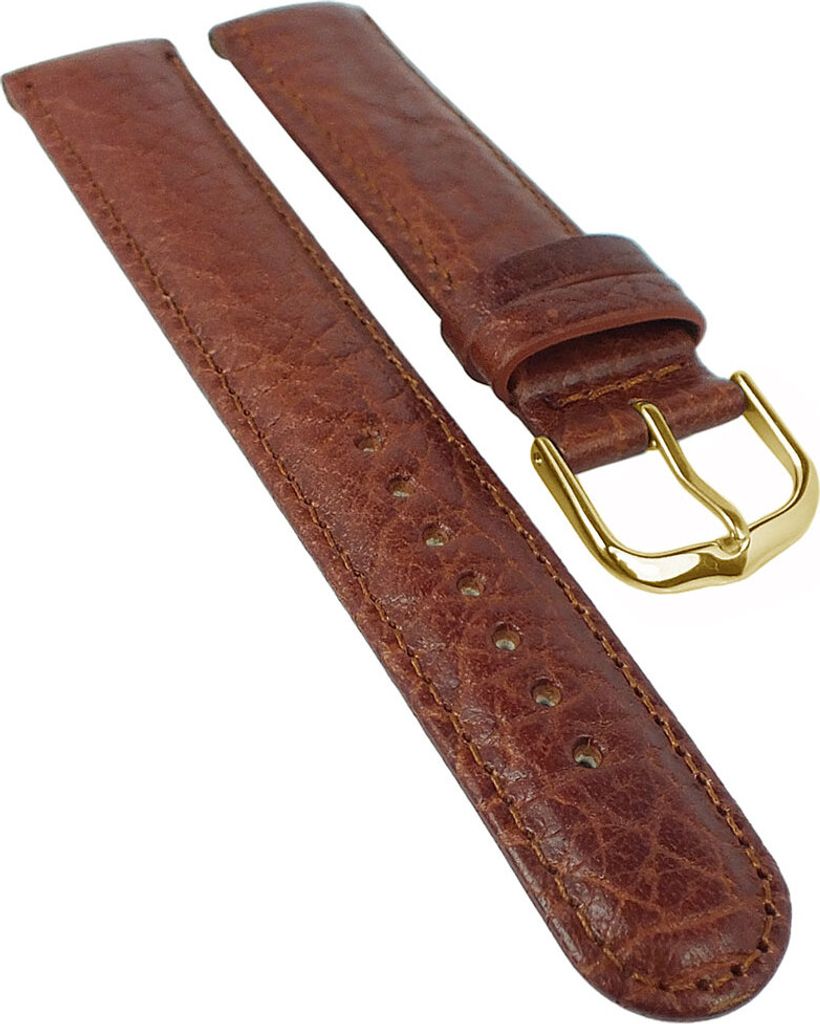 Uhrenarmband | Leder atmungsaktiv mit Büffelnarbung | braun | 34149, Stegbreite:16mm, Schließe:Gelbgolden