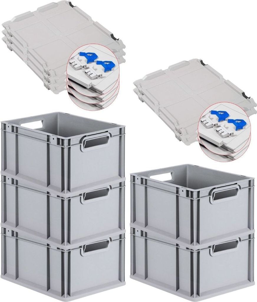 SuperSparSet 5x Eurobox NextGen Grip mit Scharnierdeckel und blauen Schiebeschnappverschlüssen | HxBxT 22x30x40cm | 20 Liter | Griffe offen | Glat...