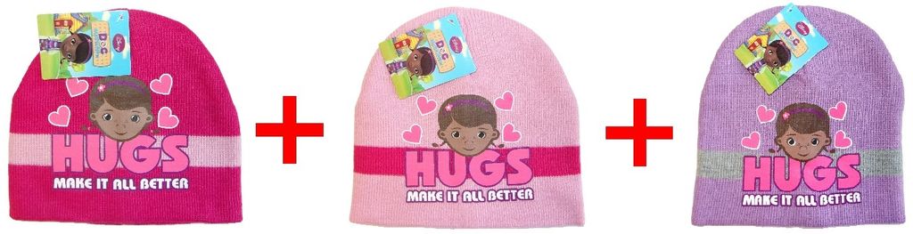3er-Set Disney Doc McStuffins Mützen "Hugs - Make It All Better" für Mädchen in Pink, Rosa und Lila, Größe 52, Geschenk-Set