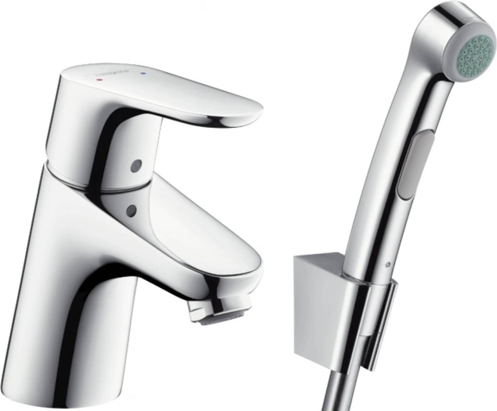 A chrome-finished faucet and a hand shower with its holder are displayed against a white background.