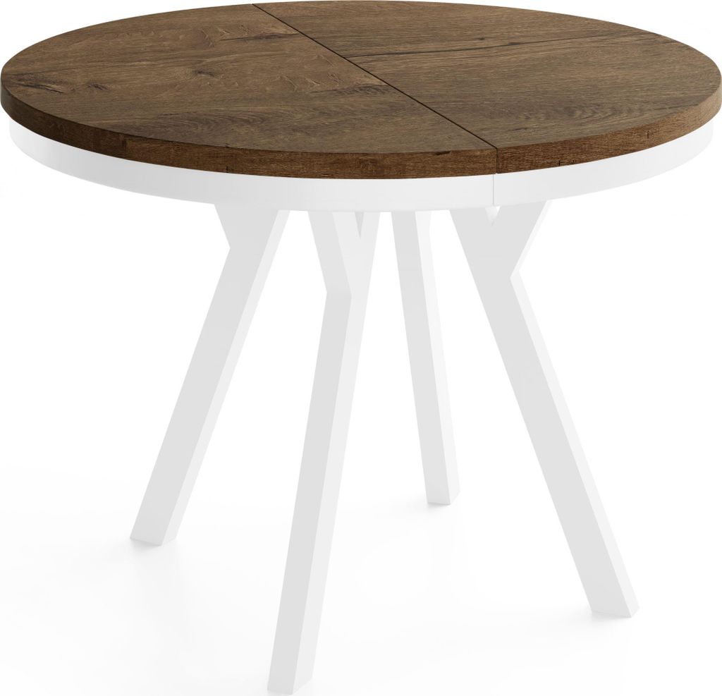 Runder Ausziehbarer Esstisch im Loft-Stil – Verlängerbarer Tisch mit Weißen Holzbeinen & Metallring – Platzsparender Esstisch für Wohnzimmer...