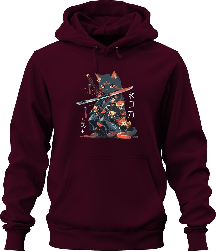 Samurai Katze Katana Kimono Kawaii Neko Japanisch Retro Manga Uni Hoodie Kapuzenpullover, Burgundy, 3XL