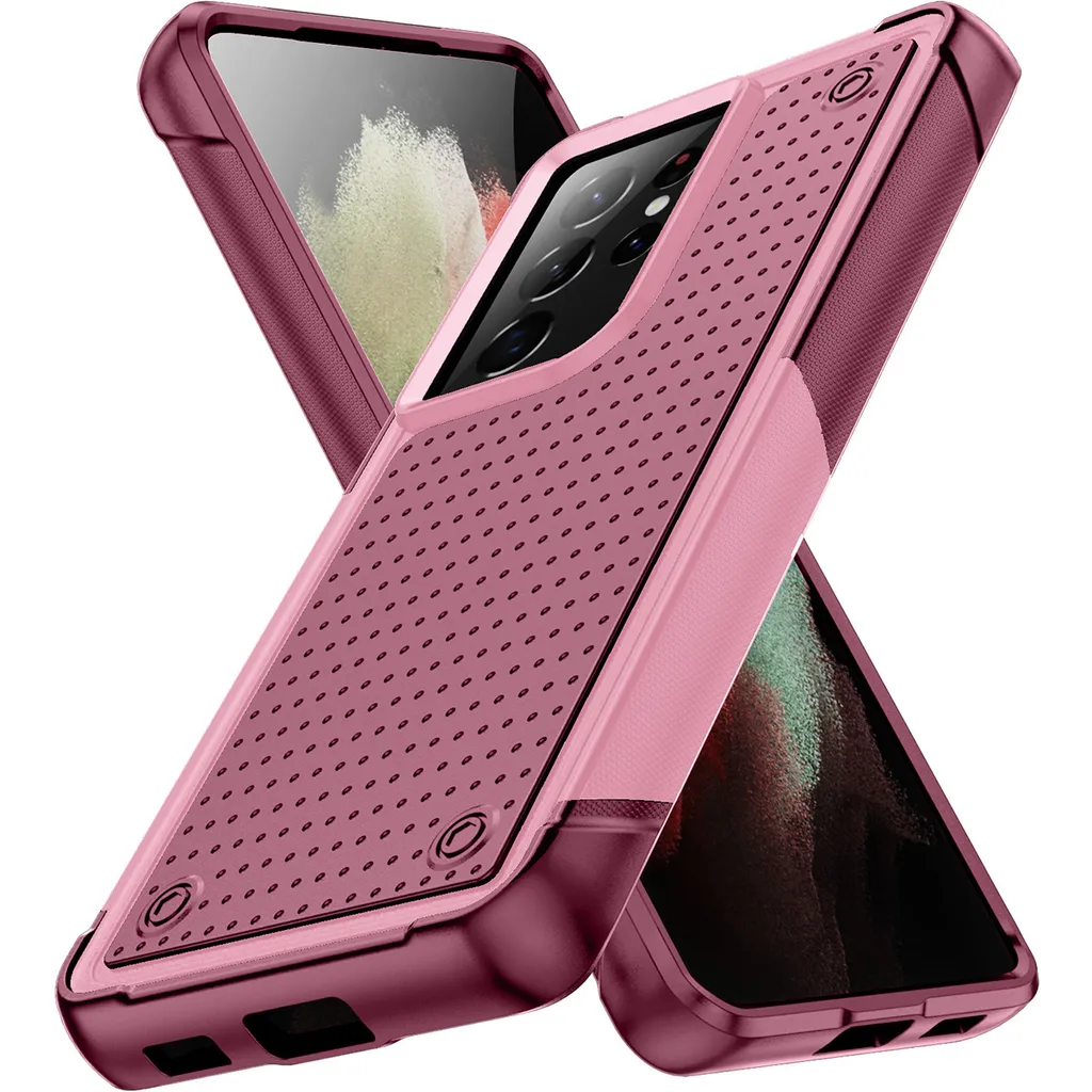Custodia per Samsung Galaxy S21 Ultra 5G, qualità militare, custodia ibrida antiurto 2in1 in PC rigido e TPU morbido Rosa Rosso - 1