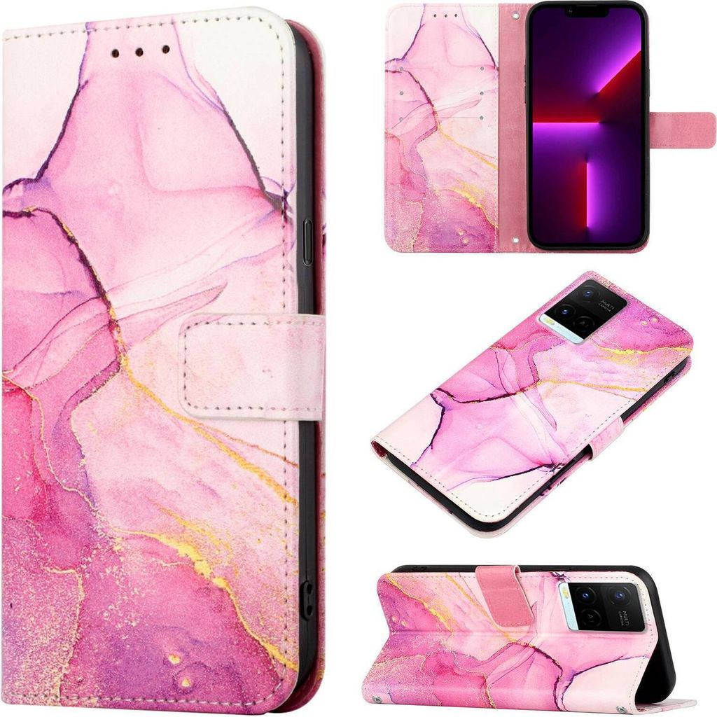 VIVO Y21 2021 Hülle, Marmor Motiv Kunstleder Tasche Wallet Kartenfächer mit Standfunktion Klapp Schutzhülle für VIVO Y21 2021 / Y33S Y21S Rosa