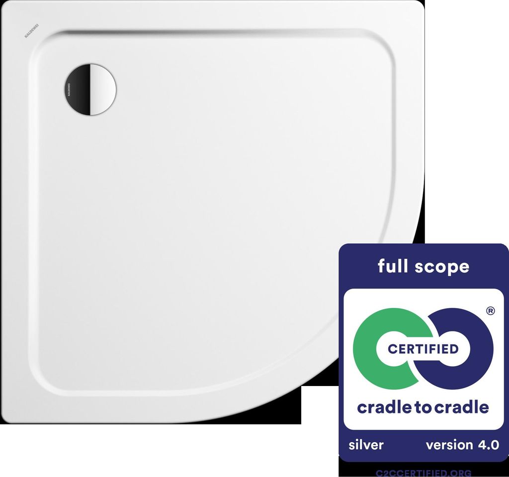 A white shower tray with a drain and a Cradle to Cradle certification badge.