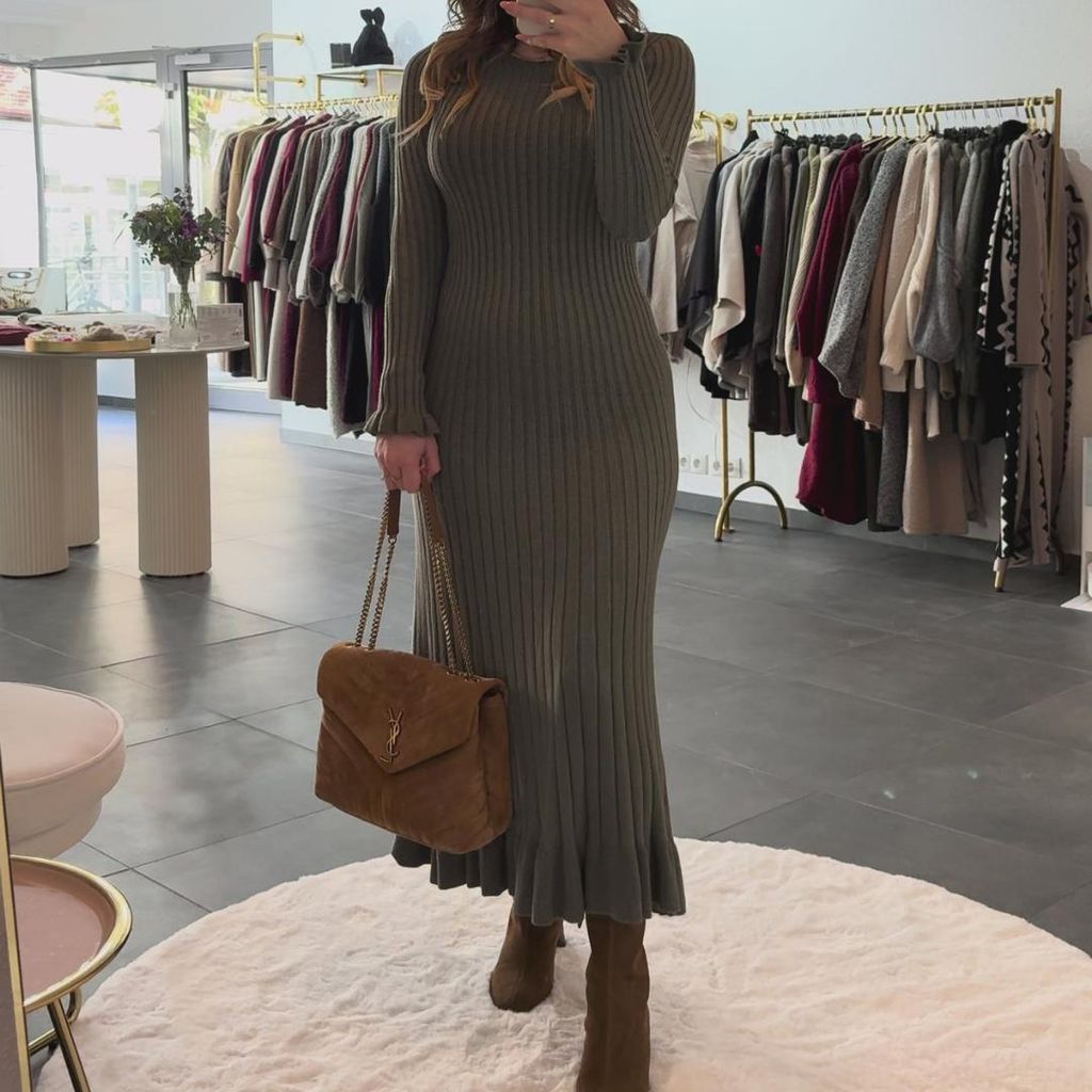 Strickkleider Damen Langes Kleid "Katja" Olivgrün, Onesize (XS-XL) Traumhaftes, langes Langarm Kleid, für frauen Strick kleid, Damenkleid Maxi Kleid