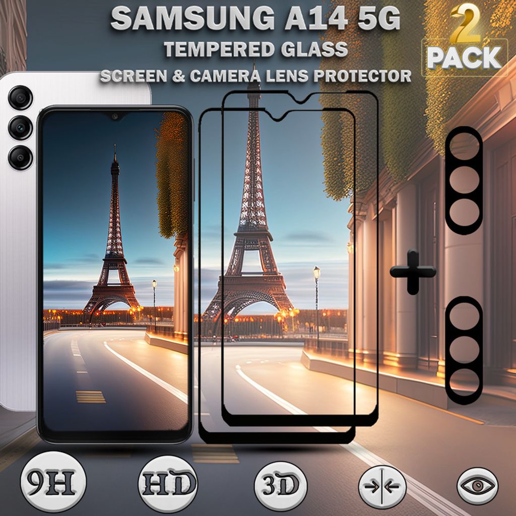 2-Pack Samsung Galaxy A14 5G Displayschutzfolie und 2-Pack Objektivschutz aus 9H gehärtetem Glas