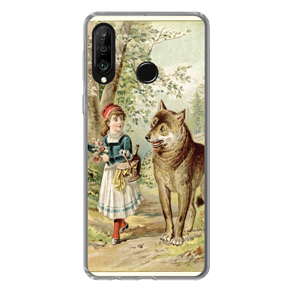 MuchoWow Handyhülle Schutzhülle Hülle für Huawei P30 Lite Wolf - Rotkäppchen - Wald Silikon Softcase Handy Hülle - Handyhülle