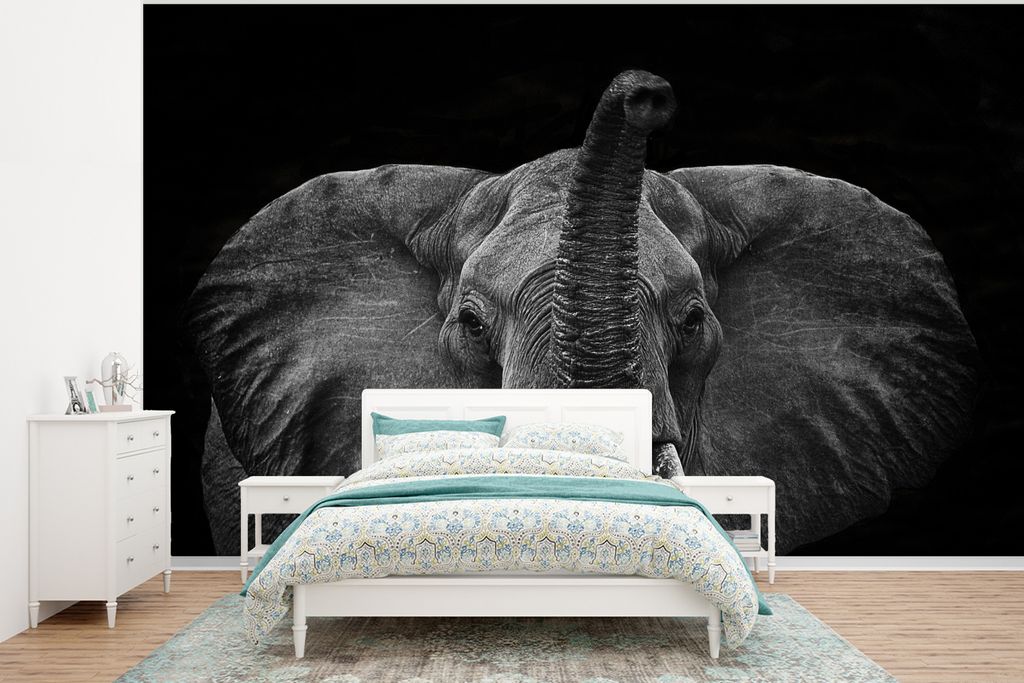 MuchoWow Fototapete für Wohnzimmer oder Schlafzimmer Wandtapete Vinyl Motivtapete Elefant - Ohren - Schwarz - Weiß - 350x260 cm - Wohnzimmer-Ta...