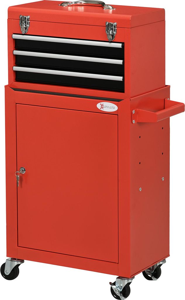 DURHAND 2-in-1 Werkzeugwagen, mobil, 3 Schubladen, Werkzeugtafel, Stahlgehäuse, 46L x 28B x 94H cm, Rot