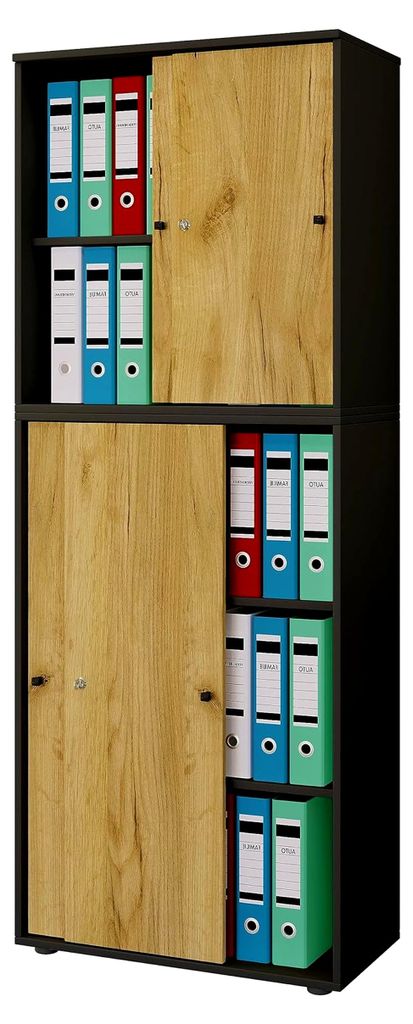 Büroschrank mit 5 Fächern | Aktenschrank mit Schiebetüren und Schloss | Maße ca. B. 70 x H. 184 x T. 37 cm