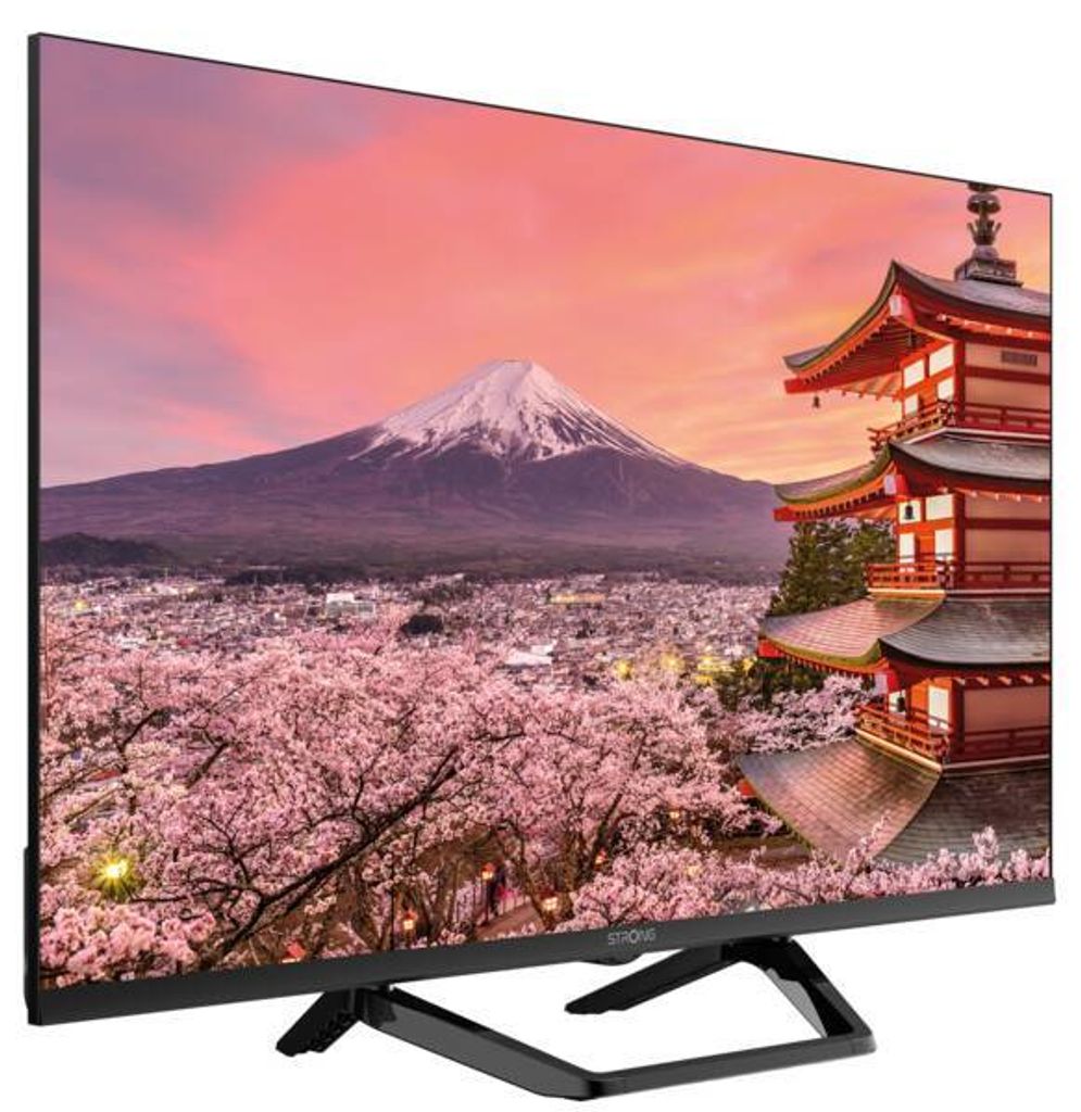 A television displaying a scenic image of Mount Fuji and cherry blossoms.