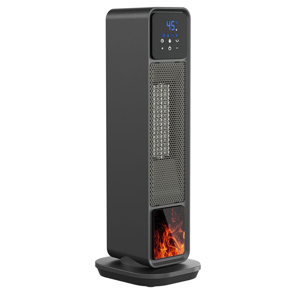 A black tower heater with a digital display and a flame effect at the bottom, shown on a white background.