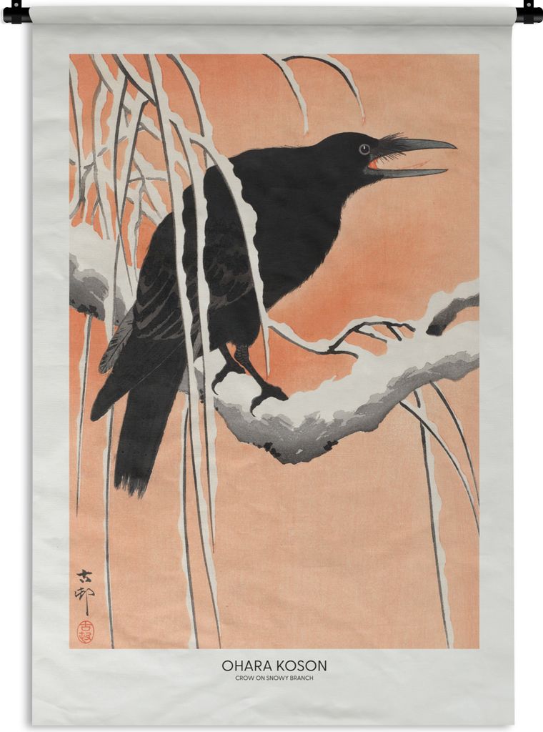 MuchoWow Wandteppich Wandbehang Vintage - Krähe - Vogel - Tiere - Zweig 90x135 cm Tapisserie Dekoration Wandtuch - Baumwolle - Wandskulptur