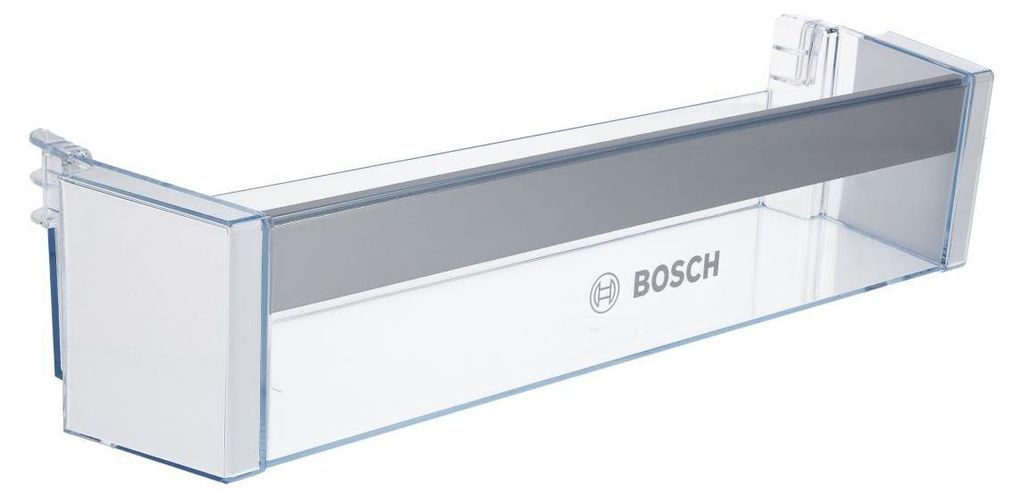 A transparent plastic refrigerator shelf with a gray accent strip and the Bosch logo.