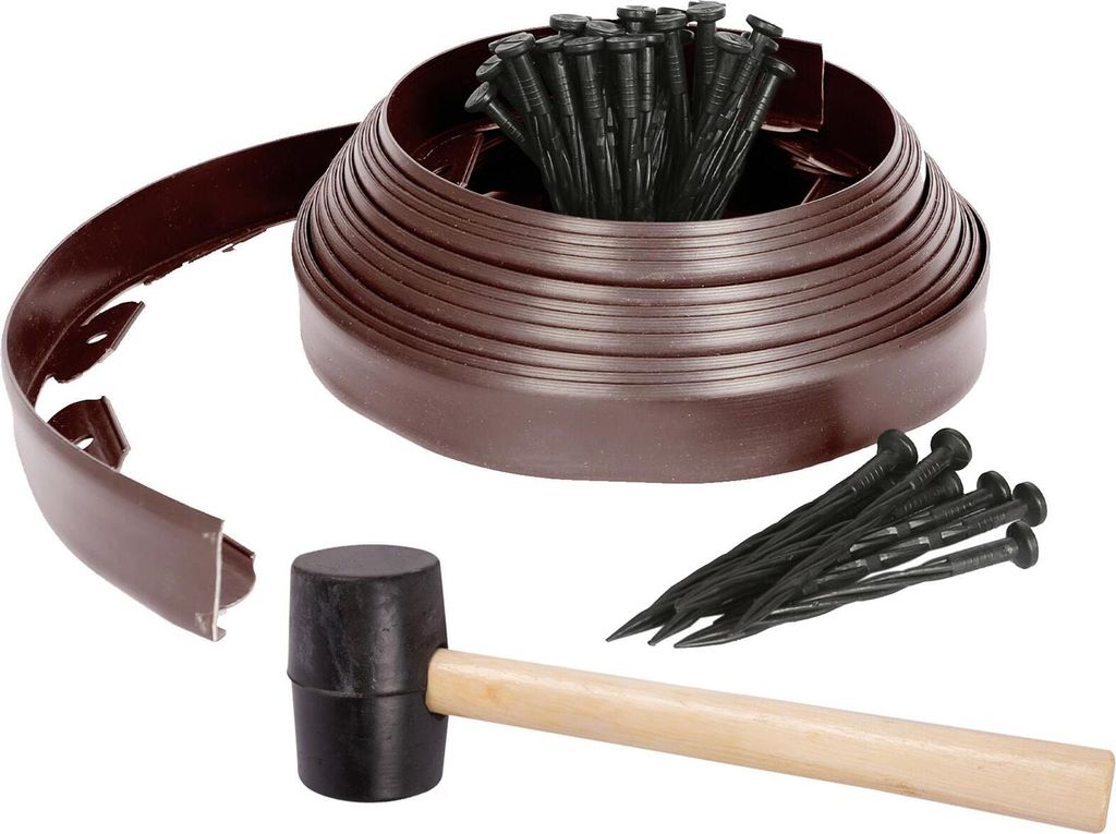 Harbour Housewares Flexible Rasen- und Wegkante aus Kunststoff mit 40 Heringen und Hammer – 10 m x 4 cm – Braun