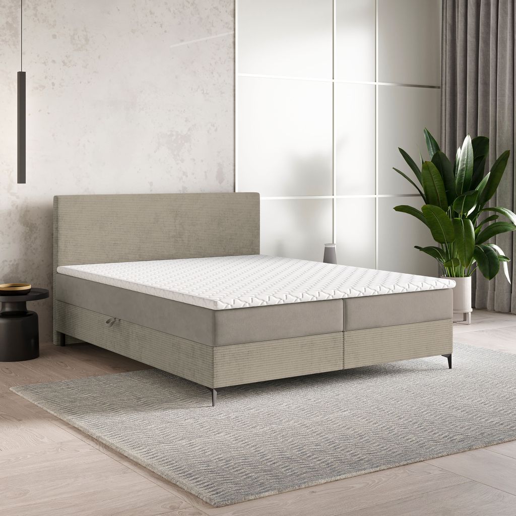 Masseno Boxspringbett TORREL 140x200 cm Komplett-Set mit Bonell Matratze und Topper, Polsterbett mit Bettkästen -Beige, POSO 02 + PAROS 02
