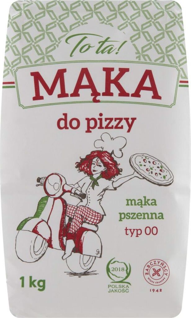 A bag of flour with a cartoon illustration of a woman on a scooter holding a pizza.