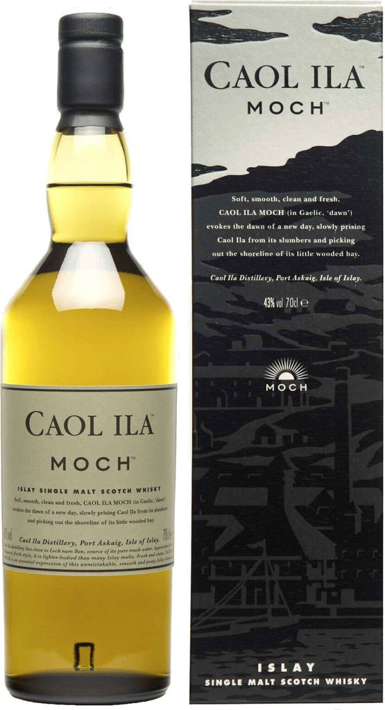 A bottle of Caol Ila Moch single malt Scotch whisky next to its packaging.