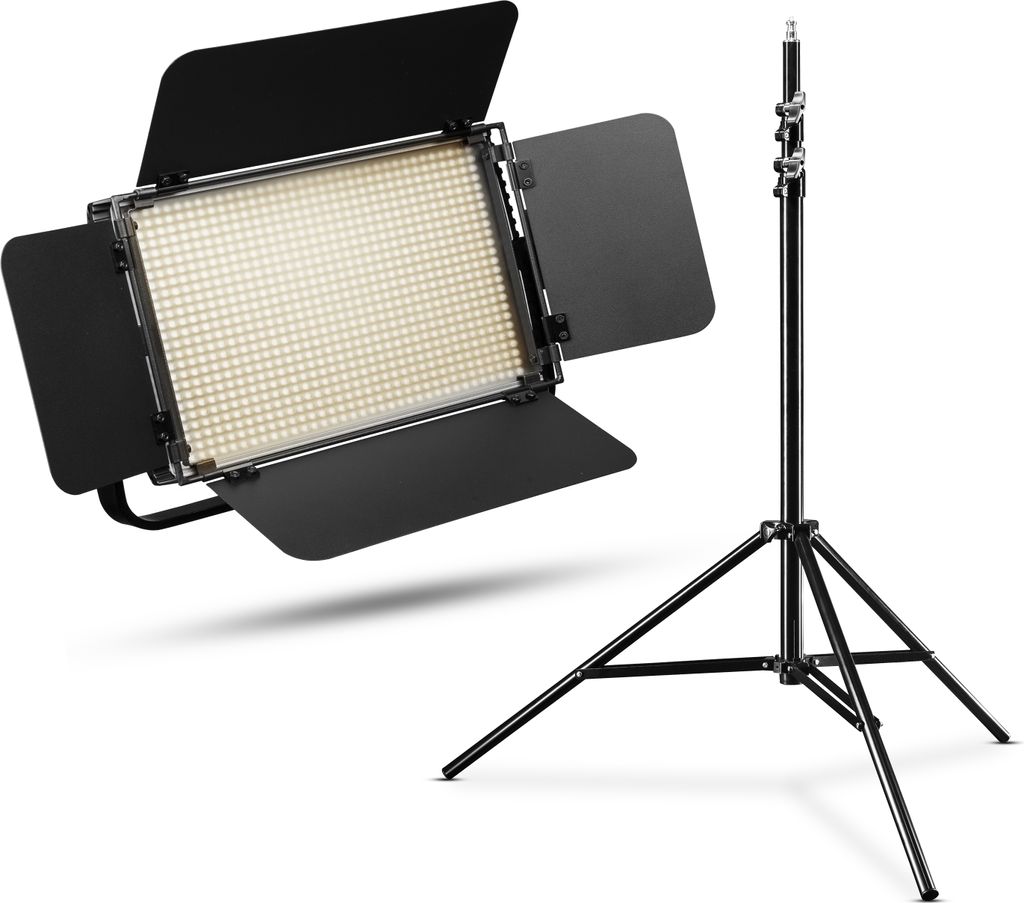 Walimex pro LED Niova 900 Plus Bi Color mit Lampenstativ, dimmbare Flächenleuchte, Lampenständer mit Federdämpfung, Studioleuchte mit Fernbedienung