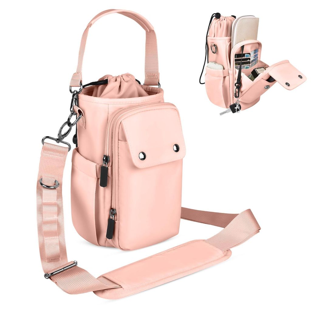 Wasserflaschenhalter mit Gurt, 32-40 oz, isolierte Umhängetasche mit verstellbarem, breitem Gurt und Handytasche, 5 Fächer, ideal zum Wandern