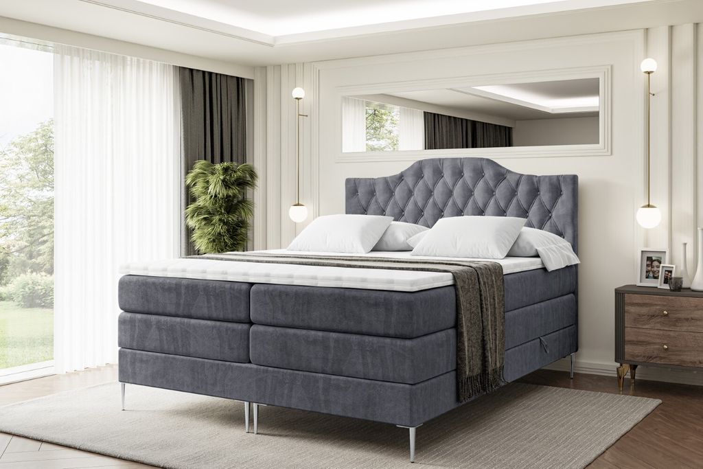 ALTDECOR Boxspringbett mit Silber Füßen, Matratze und Lattenrost, Topper, Polsterbett mit Bettkasten, Bett mit Stauraum H3- und H4- Matratze, Dop...