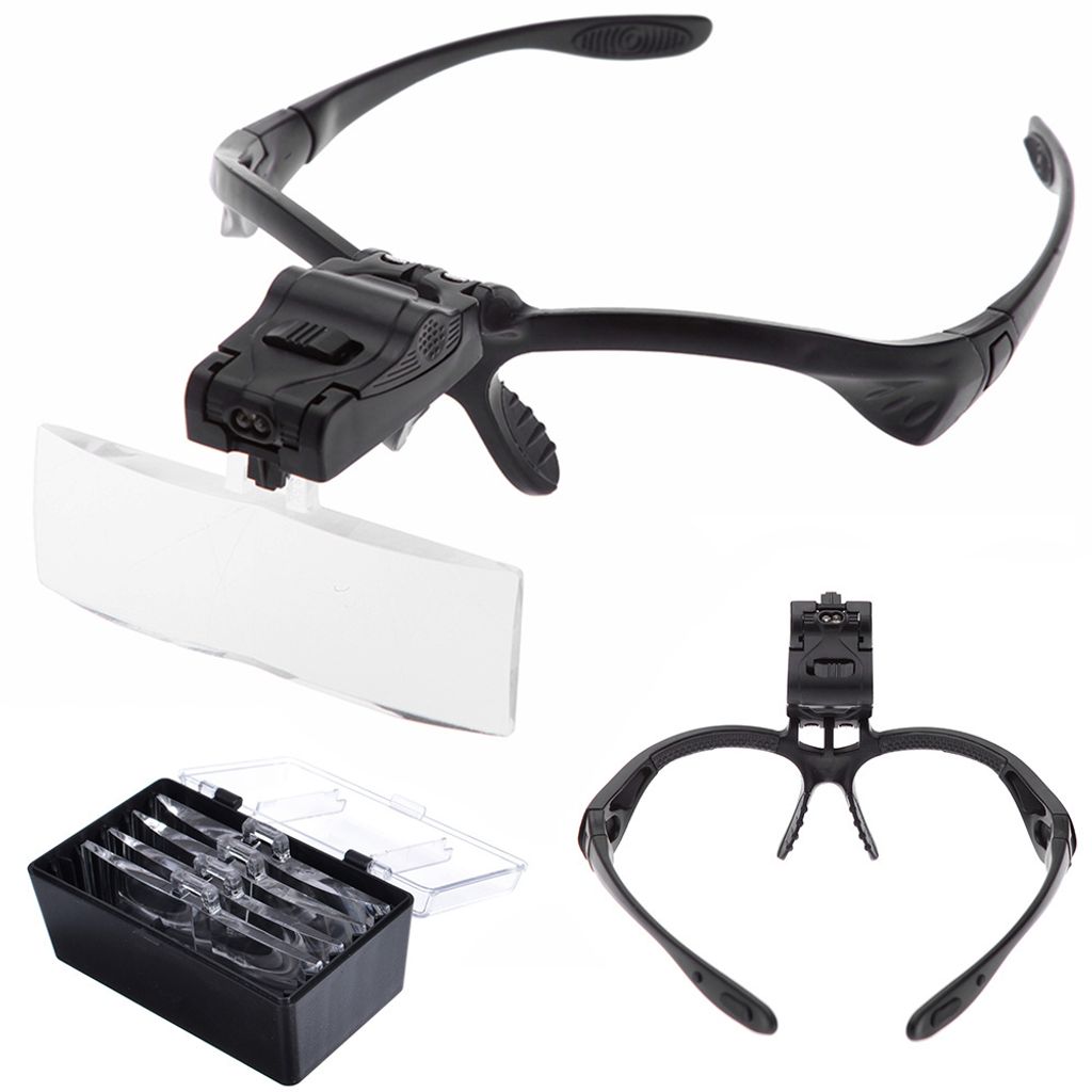 A collage of a magnifying glasses with LED lights and a set of tweezers.