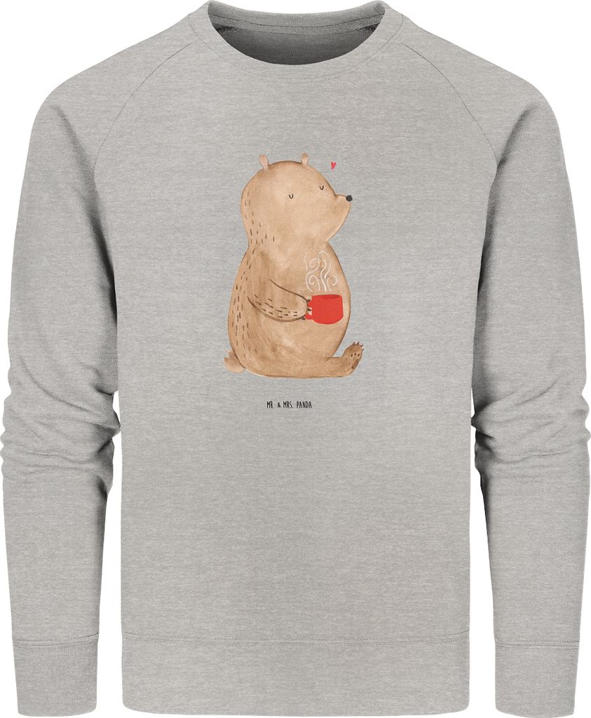 Mr. & Mrs. Panda Organic Pullover Bär Morgenkaffee Größe M - Heather Grey - Geschenk, Sweatshirt, Bio Baumwoll, Pulli, Liebesbeweis, für Freund...