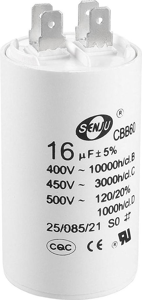 CBB60 Betriebskondensator 16uF 450V AC Doppelanschluss 50-60Hz Zylinder 75x37mm Weiß für Motorkompressor