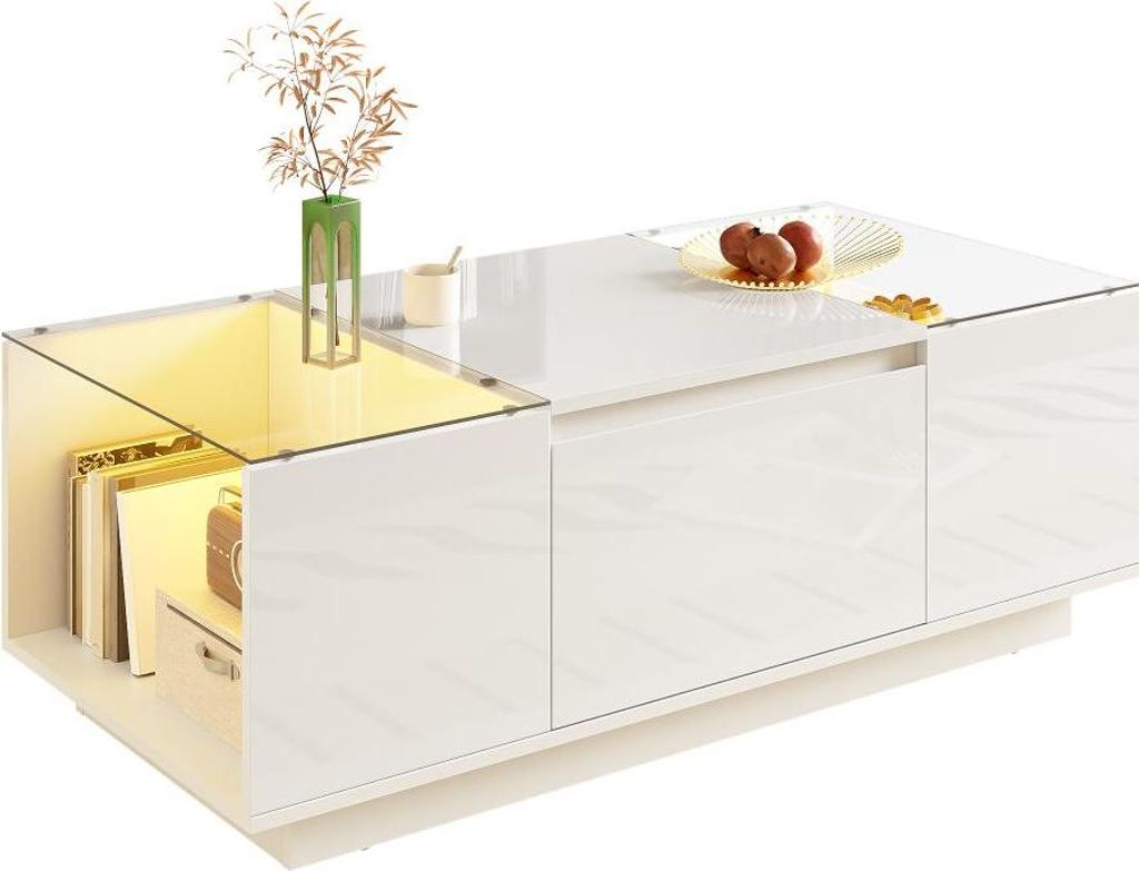 AIORBER Moderner Couchtisch mit LED, Glasplatte, 2 Schubladen, Stauraum, Hochglanz, minimalistisch, 105 cm, Weiß