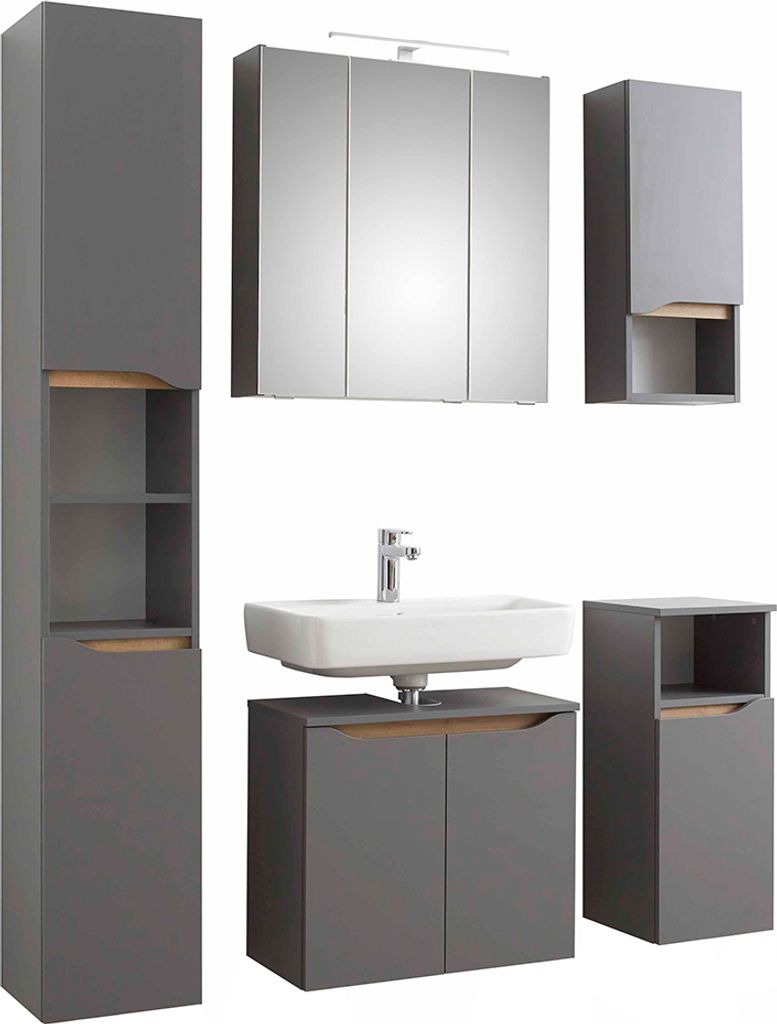 Badezimmer Komplett Set mit Spiegelschrank und Beleuchtung QENA-66 in Quarzgrau Matt Touch mit Riviera Eiche quer Nb., B/H/T ca. 125/200/33 cm