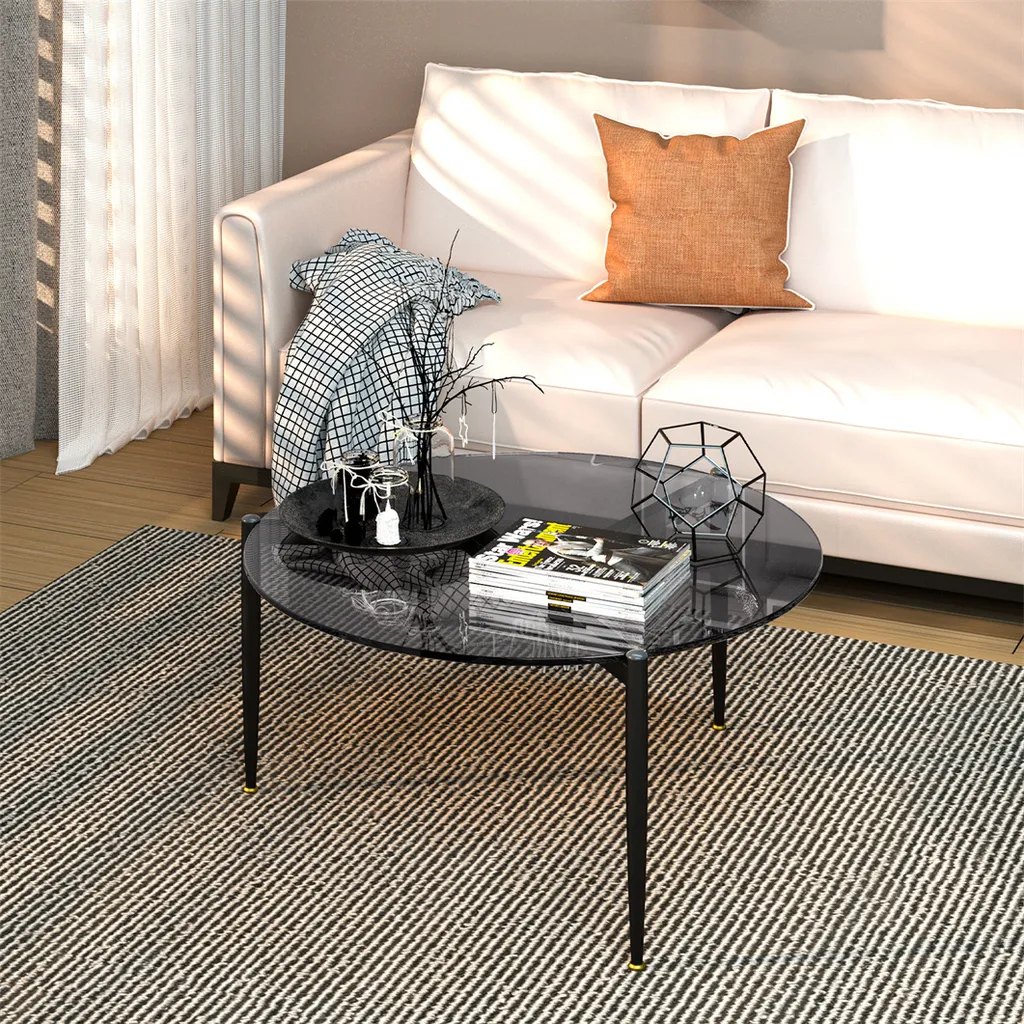 Petite Table Basse Ronde Sécurisée en Verre Trempé Gris pour Petit Salon