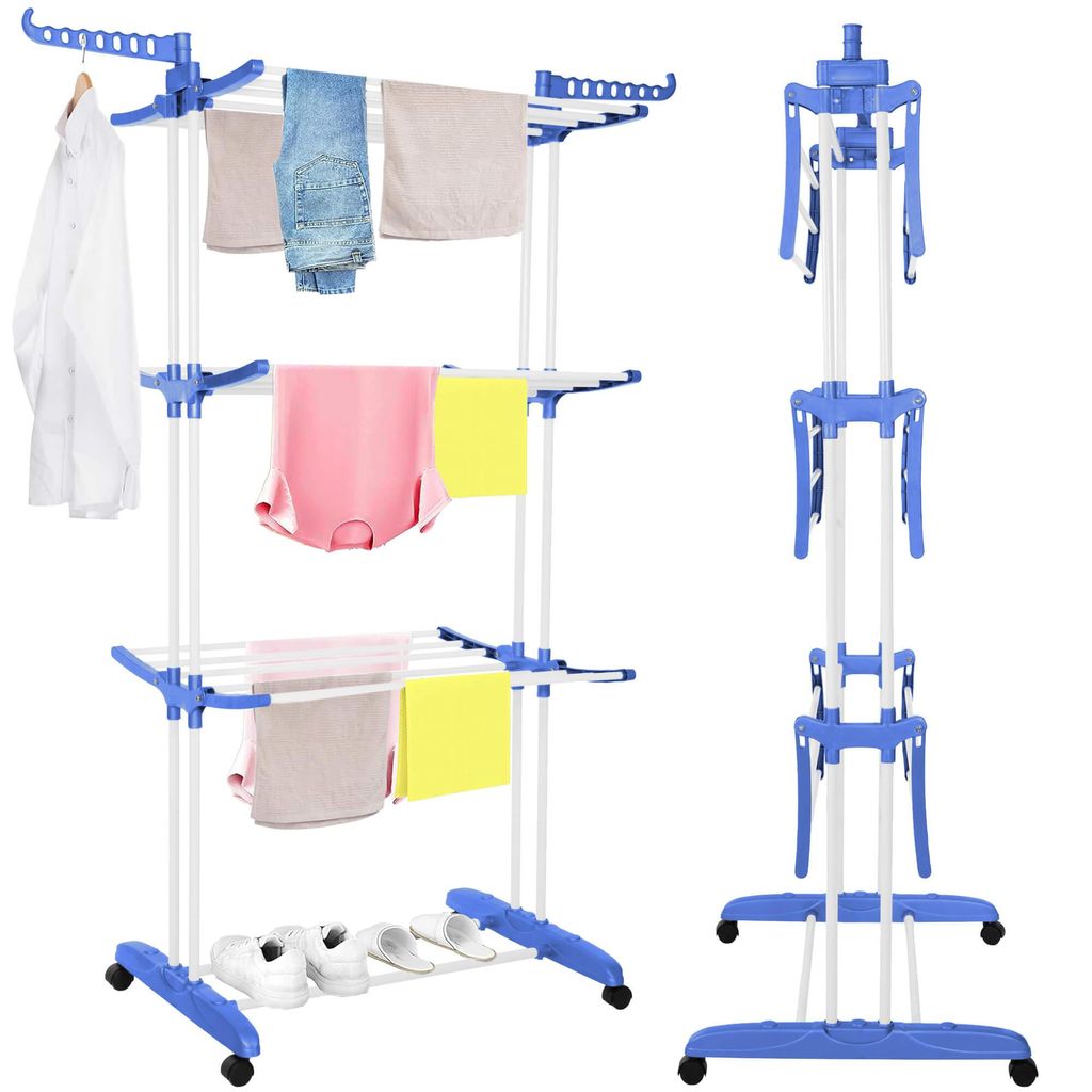 Springos Wäscheständer auf Rollen 3 Ebenen klappbare Flügel platzsparend stabil für innen und außen
