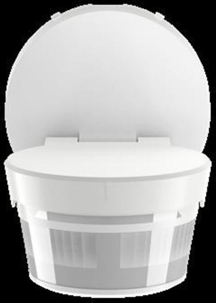 A white motion detector with a domed top and a cylindrical base with a translucent, ribbed section.