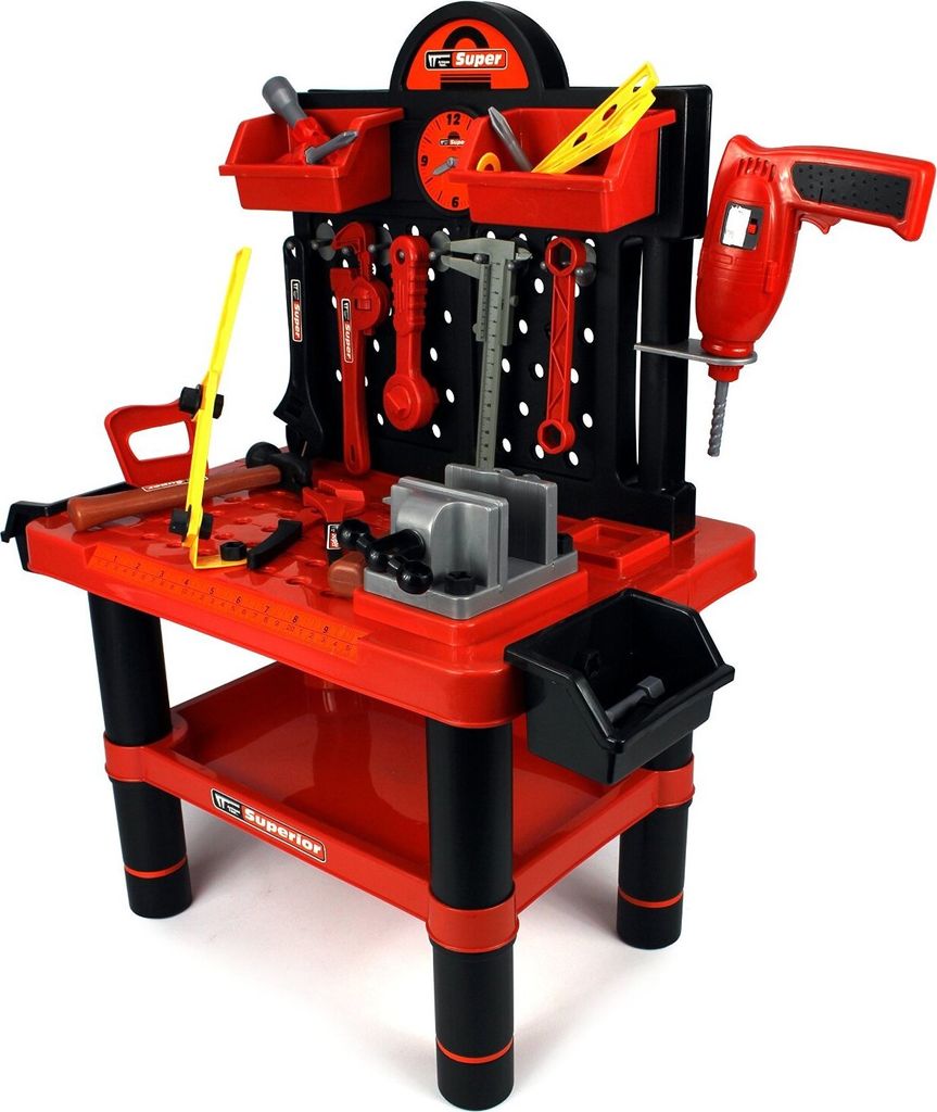 A toy workshop tool bench with various tools.