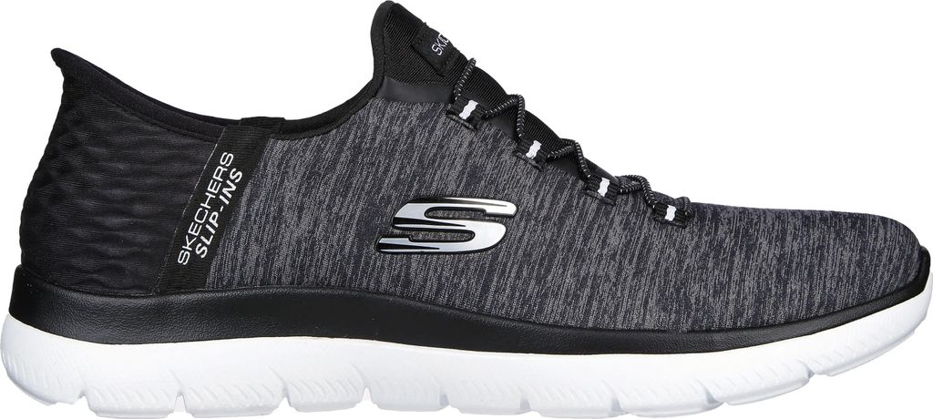 A side view of a black and gray Skechers slip-on sneaker.