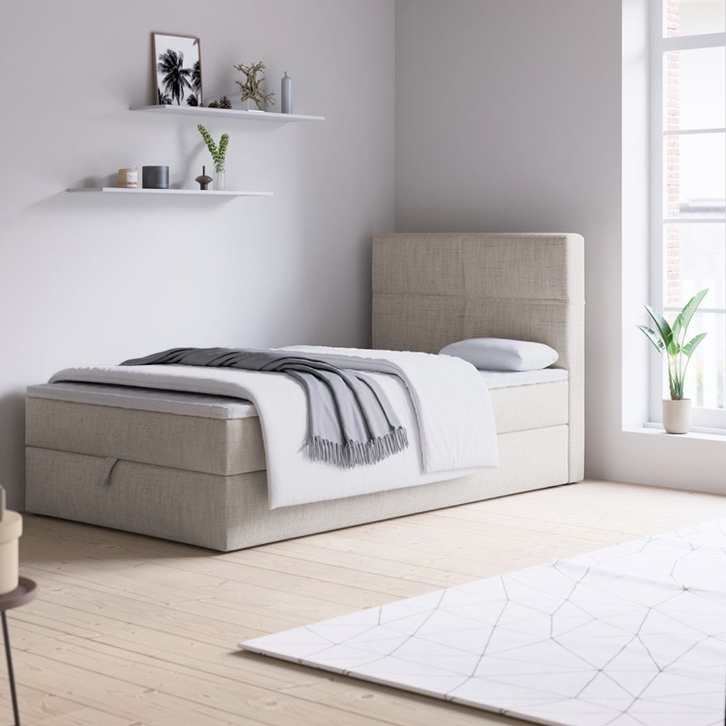 Bett, Boxspringbett NOLA MINI mit Bettkästen, Stauraum, Schlafzimmer, Polsterbett, (80x200, Beige- Aura 01, Topper T25 )
