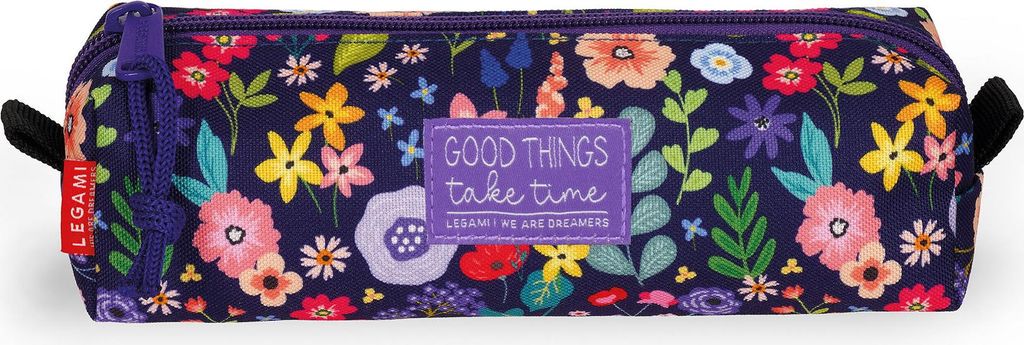 A close-up, front-facing view of a floral patterned pencil case.