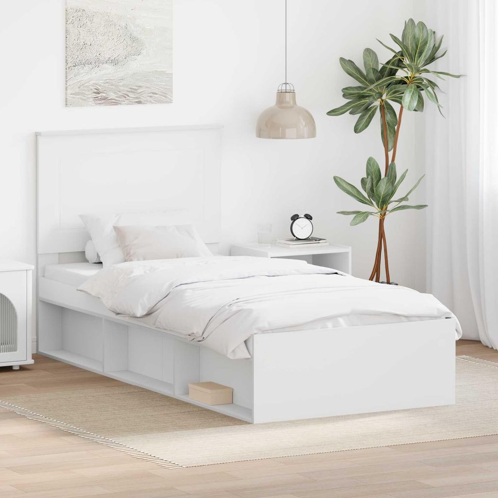 "Schlussverkauf" Einzelbett 1 PLACE - bettrahmen moderne - mit Kopfteil - Weiß 90x190 cm Massives Kiefernholz C1617