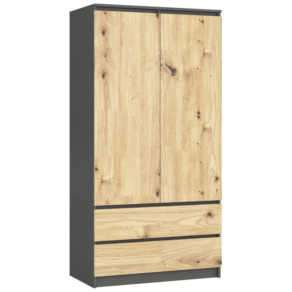 Kleiderschrank – Schlafzimmerschrank mit Kleiderstange – Graphit / Artisan Eiche – 90 cm – Eleganter Drehtürenschrank mit 2 Türen und 2 S...