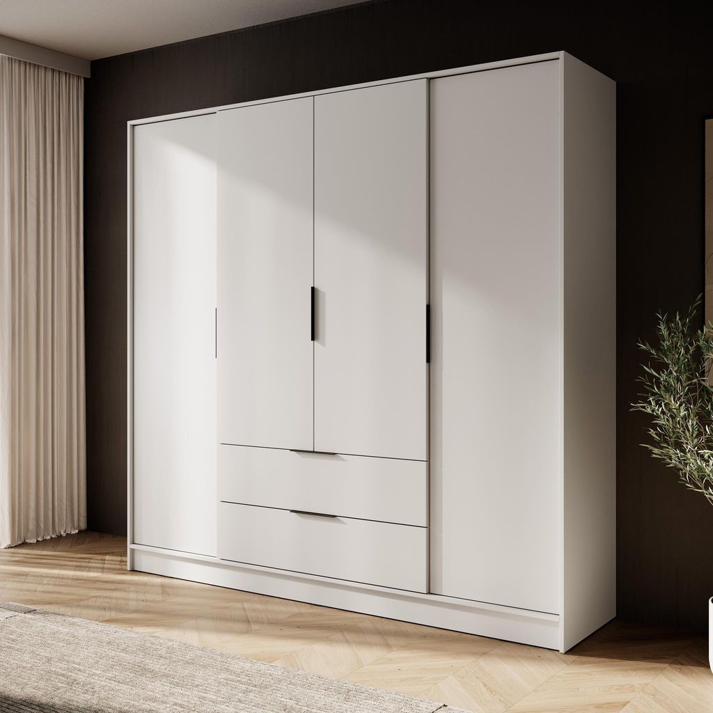 Drehtürenschrank ORLANDO mit Schubladen glatter 4-türiger Kleiderschrank für Schlafzimmer großer Kleiderschrank 200 cm breit, Farbe: Kaschmir