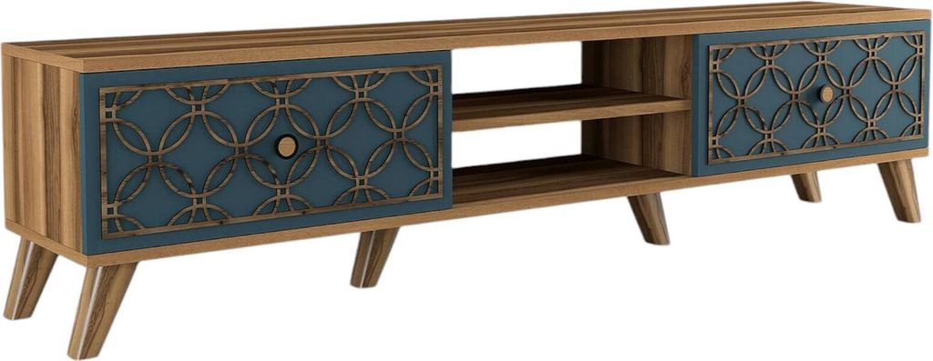 Fernsehschrank Atlux, Ständer für Wohnzimmerfernseher, Niedriges Wohnzimmer-Sideboard, TV-Ständerbasis, 180x35 h44 cm, Walnuss und Blau