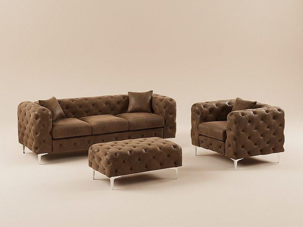 3-Sitzer-Sofa, Sessel und Chesterfield-Pouffe aus Mikrofaser mit gealterter Lederoptik - EDWINA