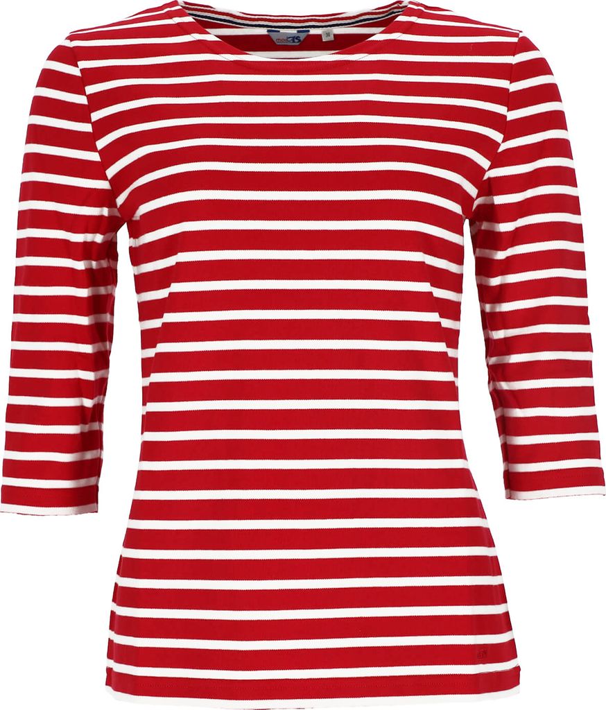 modAS Bretonisches Damenshirt mit 3/4-Arm - Streifenshirt Ringelshirt Basic Shirt Gestreift aus Baumwolle in Rot/Weiß Größe 36