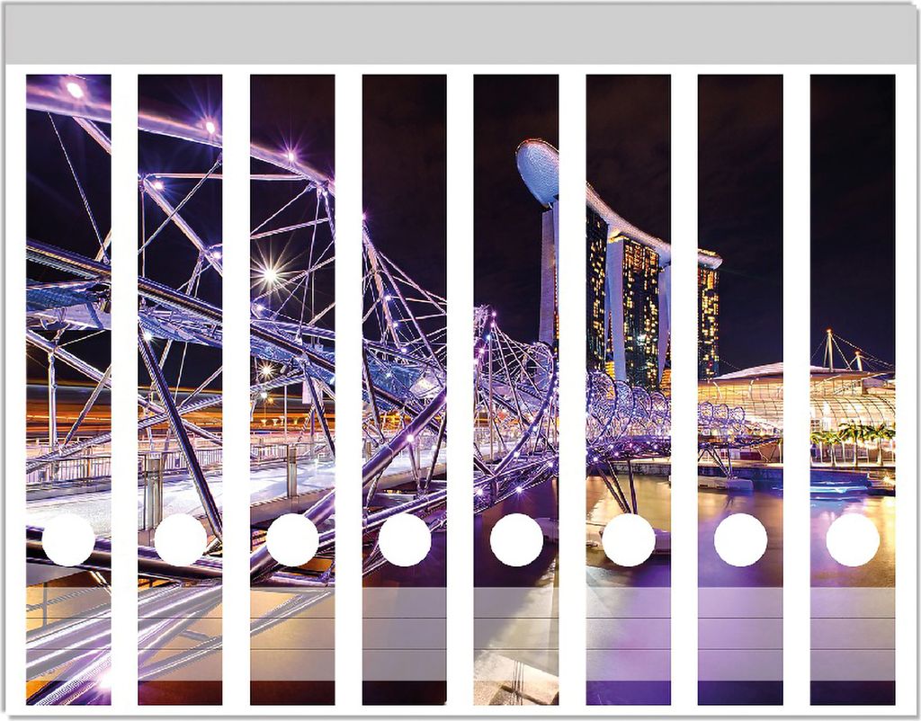Wallario Ordnerrücken Sticker, selbstklebend für schmale Ordner, 8 Stück, Motiv Helix-Brücke in Singapur bei Nacht