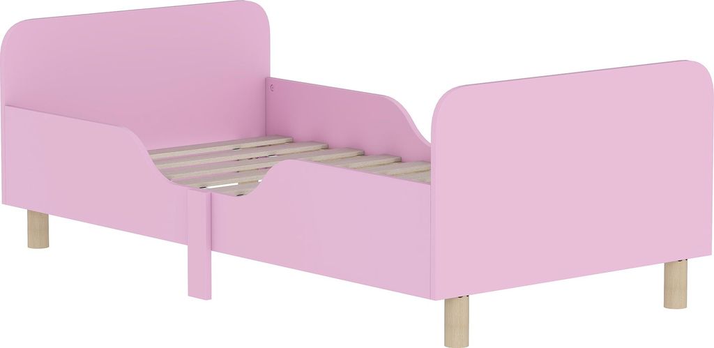 Kinderbettgestell, Einzelbettrahmen für Kinder, Schutzgitter, kleines Bett für Kinderzimmer, MDF, ohne Matratze, Rosa