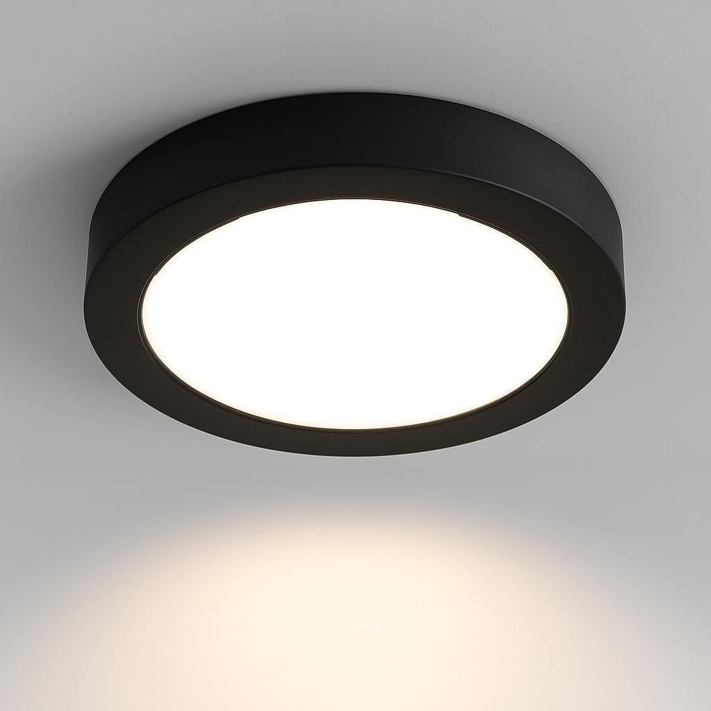 A black, round LED ceiling light is shown against a light gray background.