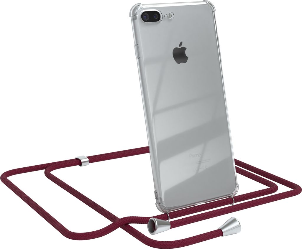 EAZY CASE Handykette kompatibel mit Apple iPhone 8 Plus / 7 Plus, Handyhülle mit Umhängeband, Handykordel, Schutzhülle Clear, Band in Rot