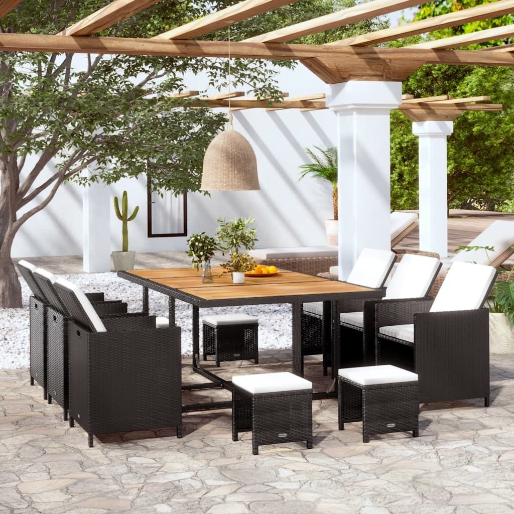 Möbel 11-tlg. Garten-Essgruppe Poly Rattan Akazienholz Schwarz - Balkonmöbel 42531